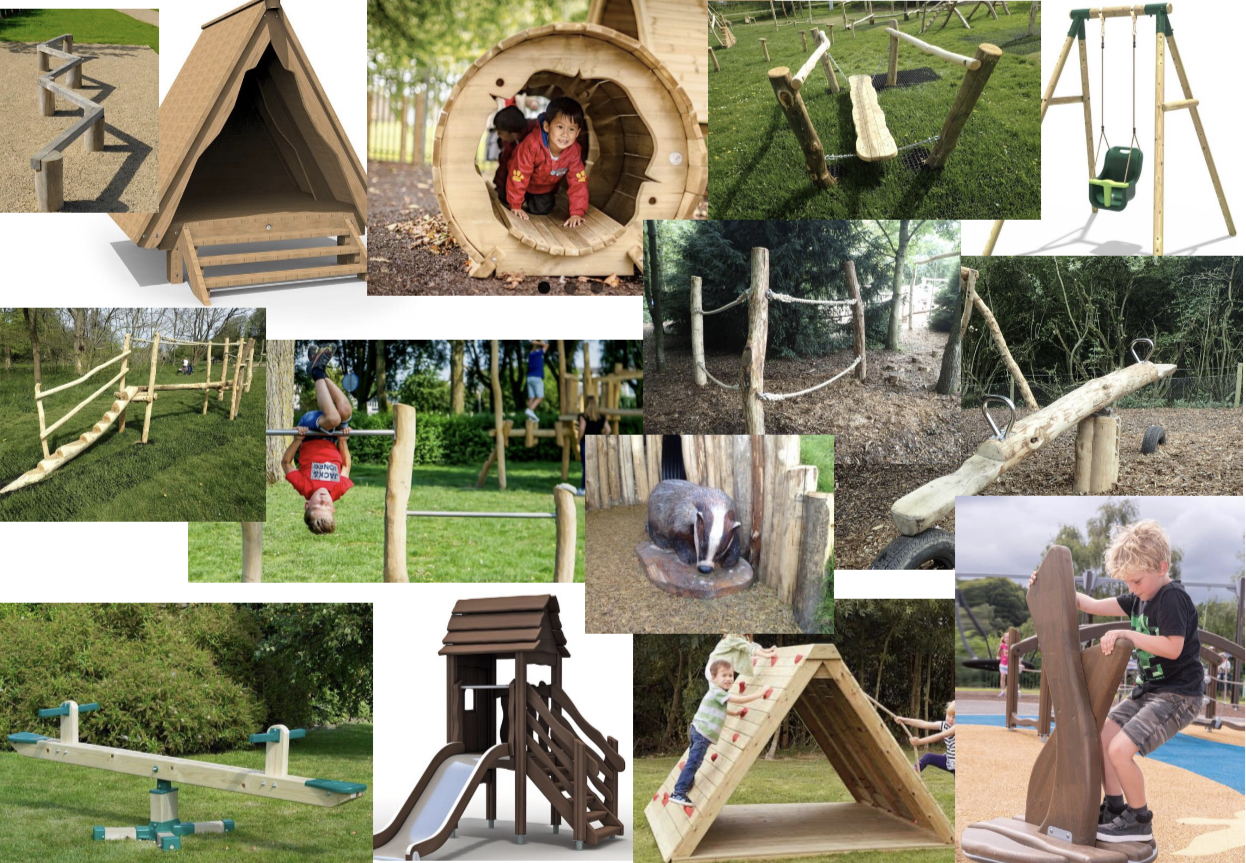 Images of play equipment to offer examples of the type of playground equipment which could be installed on the site